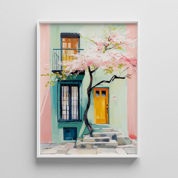 Pastel Townhouse Facade With Cherry Blossom And Yellow Door Poster