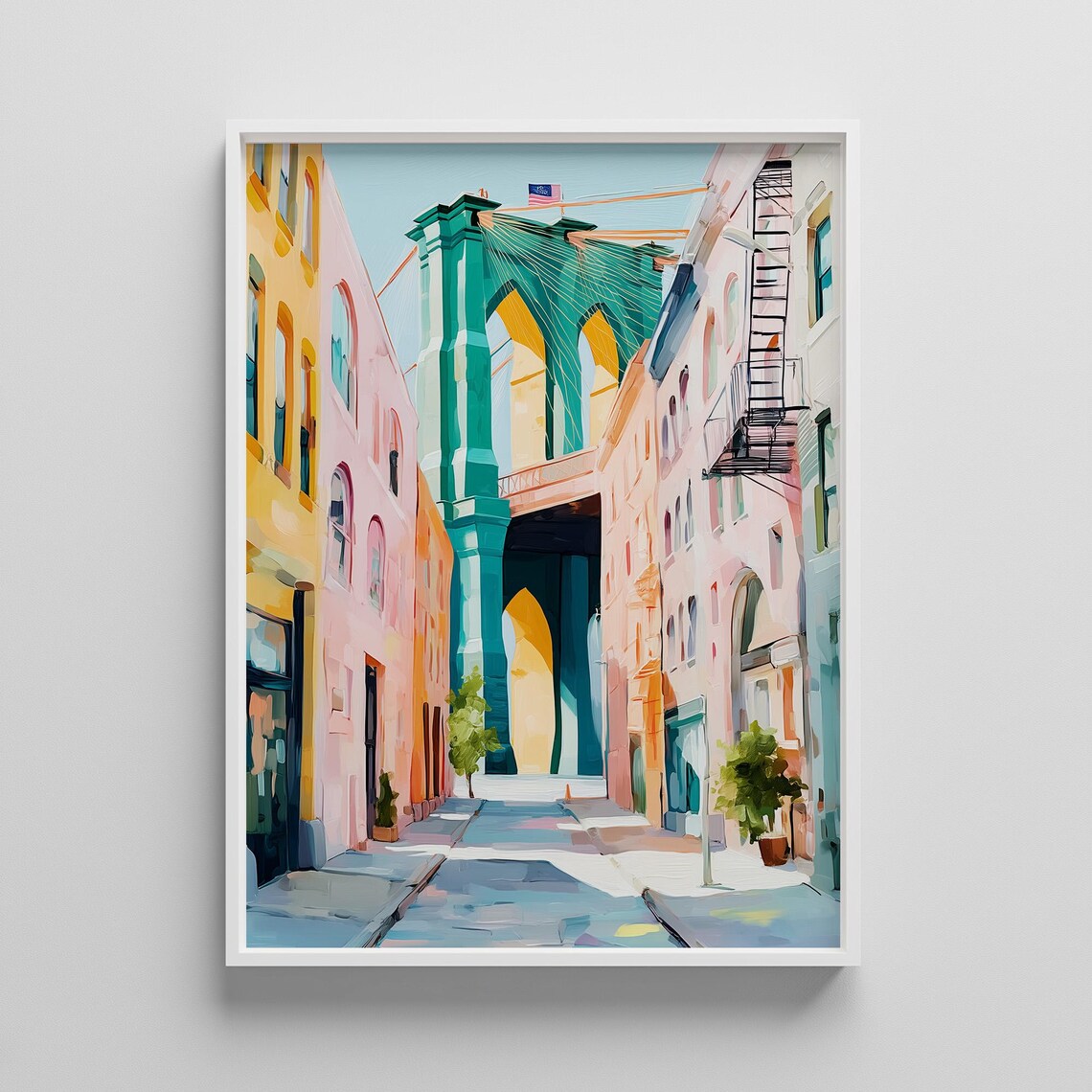 Brooklyn Bridge Colorful Street Pastel New York Cityscape Art Poster