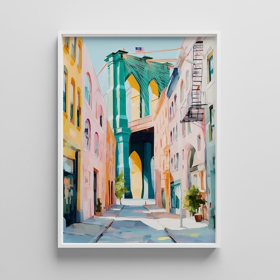Brooklyn Bridge Colorful Street Pastel New York Cityscape Art Poster