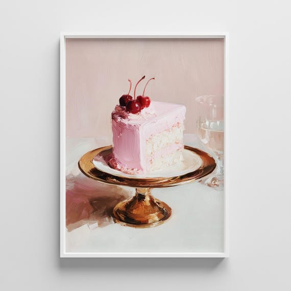 Cake Poster Pink Dessert Wall Art Cherry Slice Illustration Modern Kitchen Decor Instant