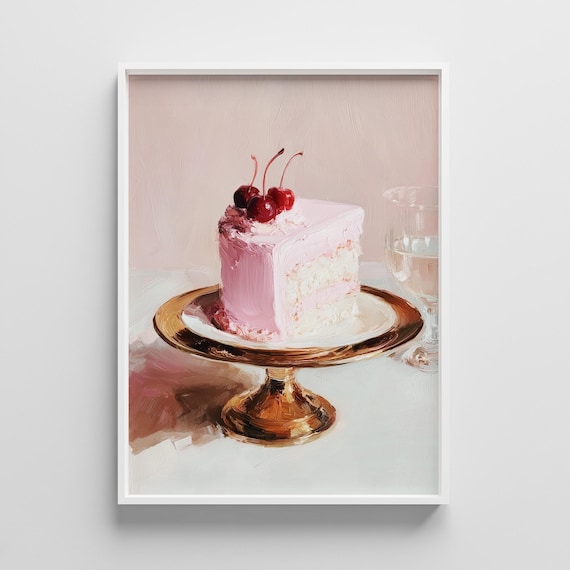 Pink Cherry Cake Slice Gold Cake Stand Sweet Dessert Still Life Poster
