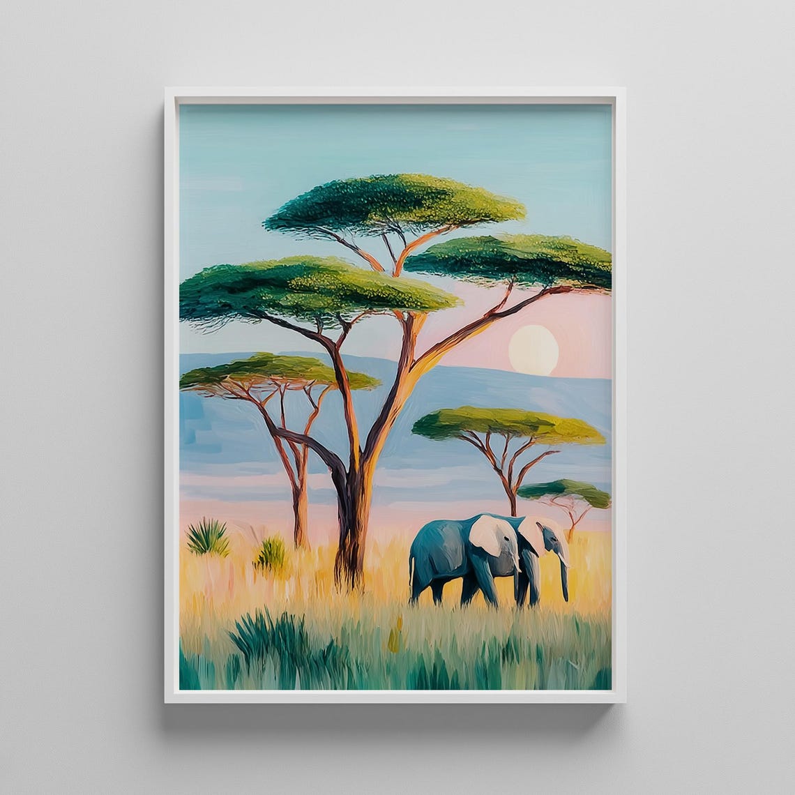 Safari Nursery Elephant Under Acacia Trees Sunset Art Poster