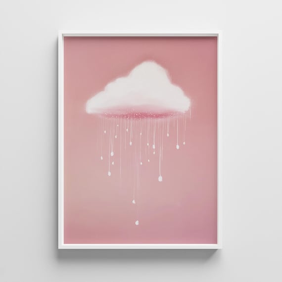 Pink Cloud Nursery Print Minimalist Pastel Rain Art