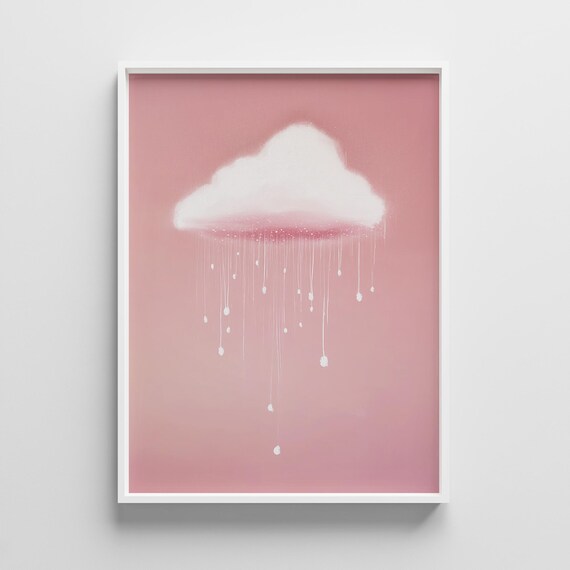 Pink Rain Cloud Minimalist Nursery Pastel Sky Painting Wall Poster