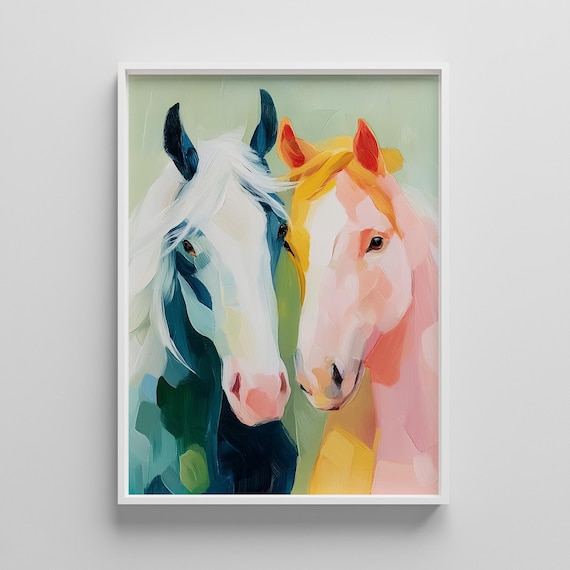 Two Pastel Horses Portrait Colorful Equine Animal Art Poster