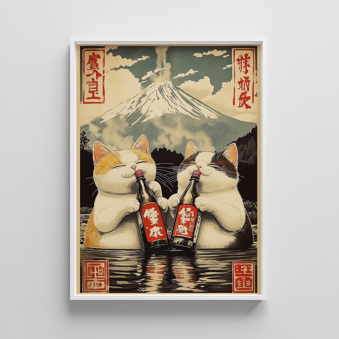 Funny Cats Drinking Sake Mount Fuji Japanese Woodblock Kitchen Poster