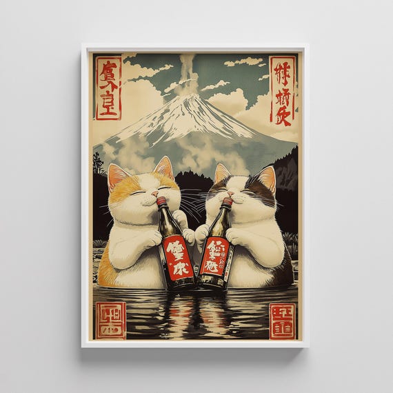 Funny Cat Print Japanese Woodblock Mount Fuji Art