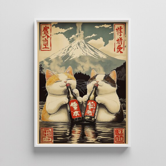 Funny Cats Drinking Sake Mount Fuji Japanese Woodblock Kitchen Poster