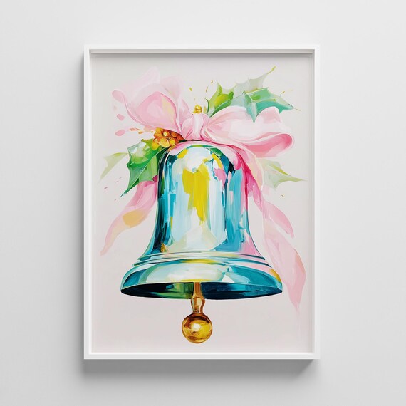 Pastel Christmas Bell With Pink Bow Watercolor Holiday Painting Poster