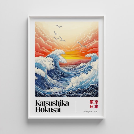 Katsushika Hokusai Sunset Great Wave Seabirds Japanese Art Poster