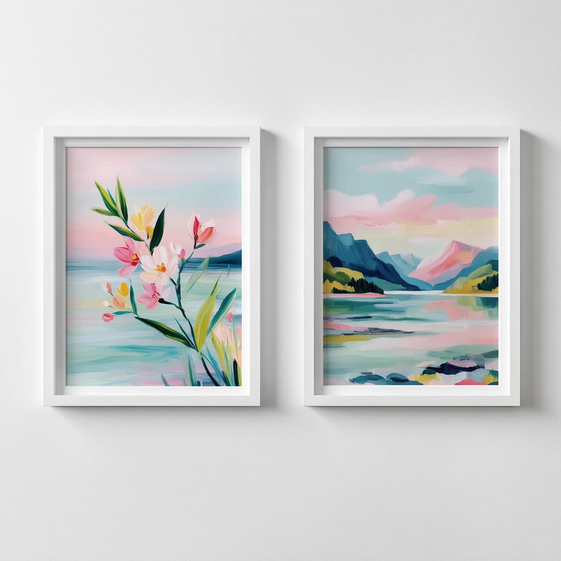 Floral And Mountain Diptych Set Of 2 Wall Art Prints Pastel Landscape Botanical Posters Gallery Decor