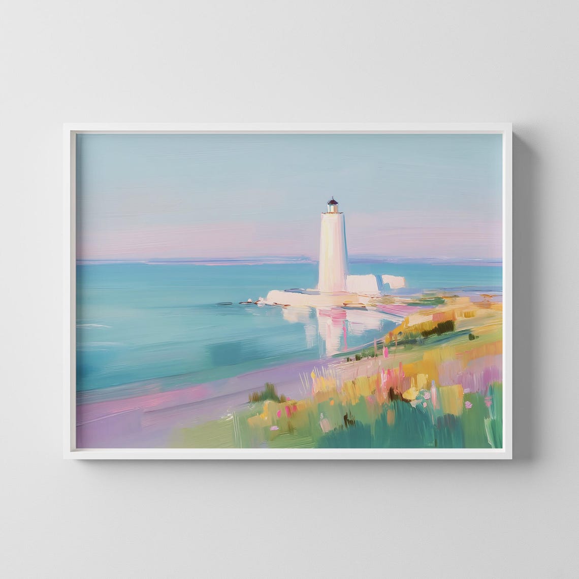 White Lighthouse at Sunset Pastel Coastal Seascape Painting Poster