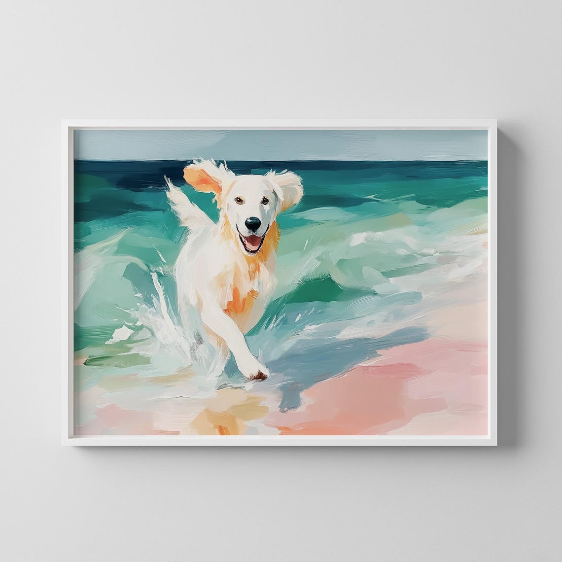 Happy Golden Retriever Running in Ocean Waves Joyful Dog Beach Poster