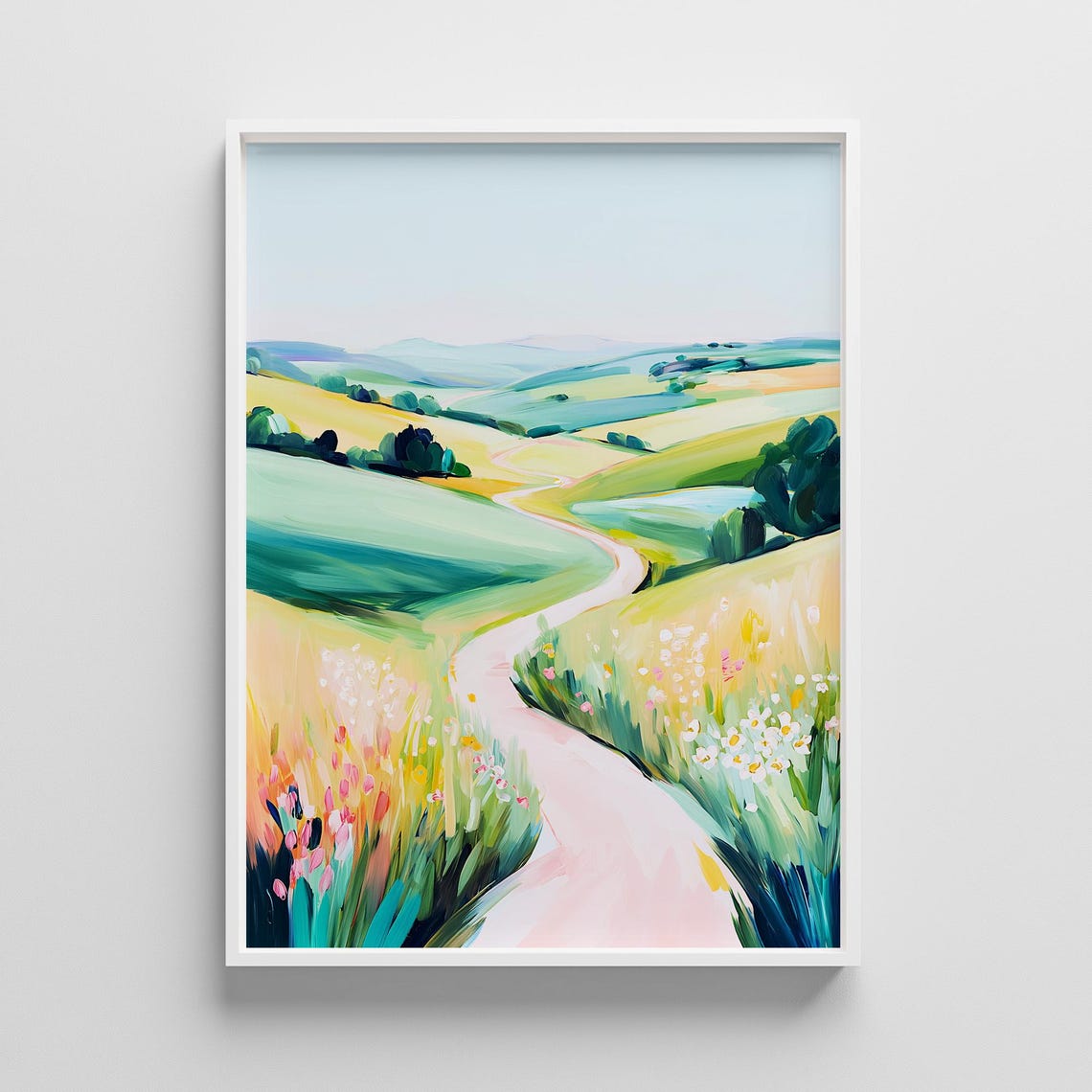 Pastel Mountain Meadow Winding Path Wildflower Landscape Poster