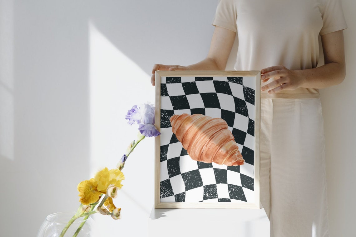 Retro Croissant Watercolor Art Wavy Checkerboard Kitchen Decor Poster - Image 2