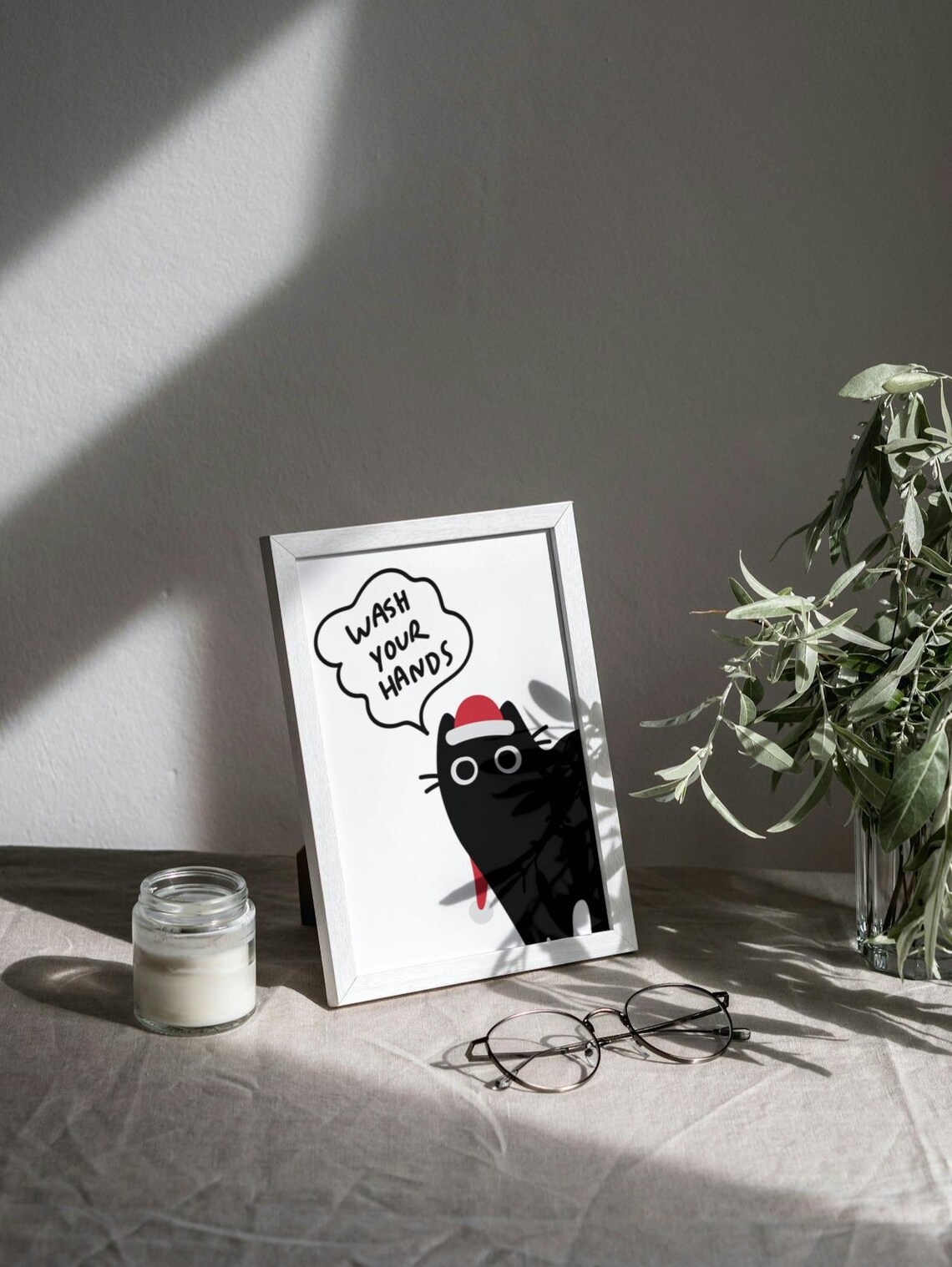 Funny Black Cat Wash Your Hands Santa Hat Bathroom Humor Art Print - Image 3