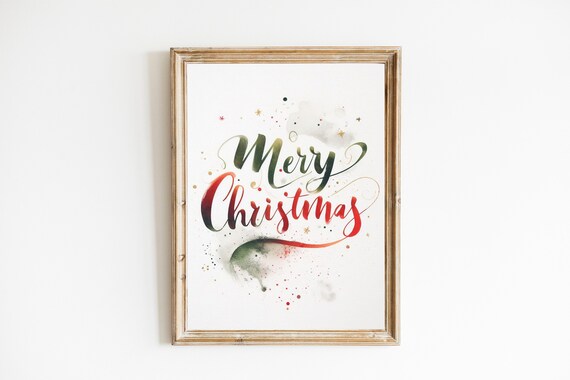Merry Christmas Watercolor Calligraphy Red Green Holiday Poster