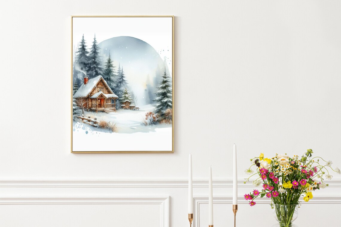 Snowy Wooden Cabin Winter Poster Watercolor Christmas Trees Forest Scene