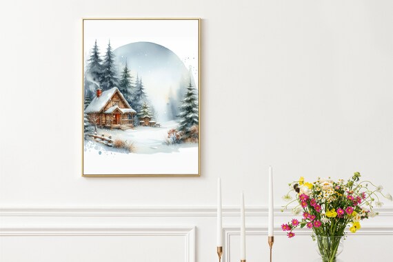 Snowy Wooden Cabin Winter Poster Watercolor Christmas Trees Forest Scene