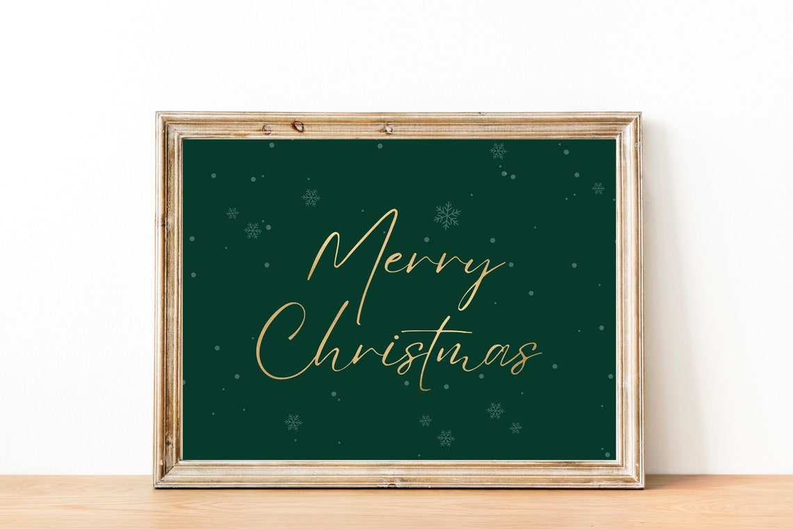 Merry Christmas Gold Script Dark Green Snowflake Holiday Poster