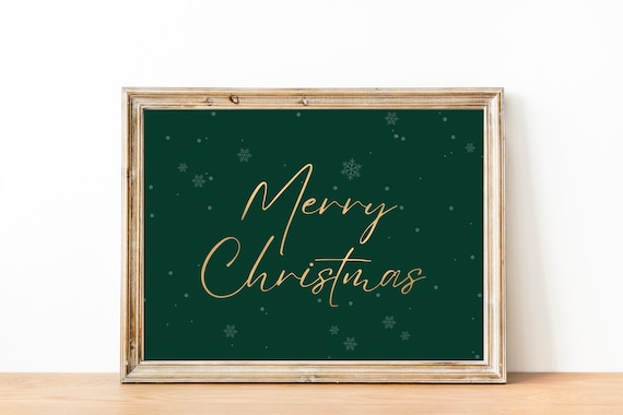 Merry Christmas Gold Script Dark Green Snowflake Holiday Poster