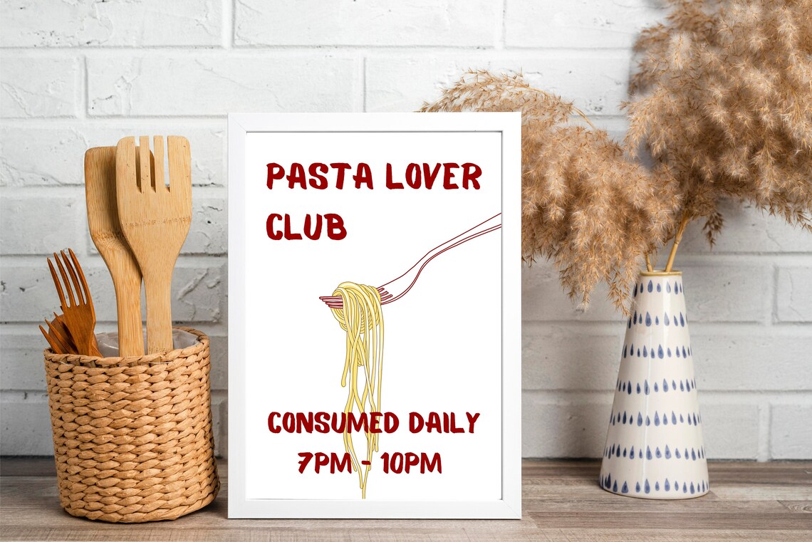 Pasta Lover Club Spaghetti Fork Hand Drawn Kitchen Decor Poster - Image 2