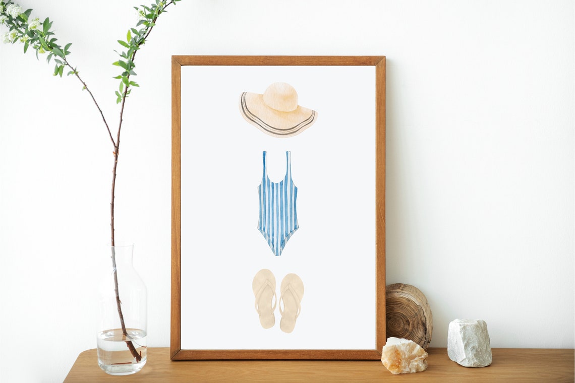 Beach Day Essentials Sun Hat Swimsuit Watercolor Poster Summer Decor - Image 2