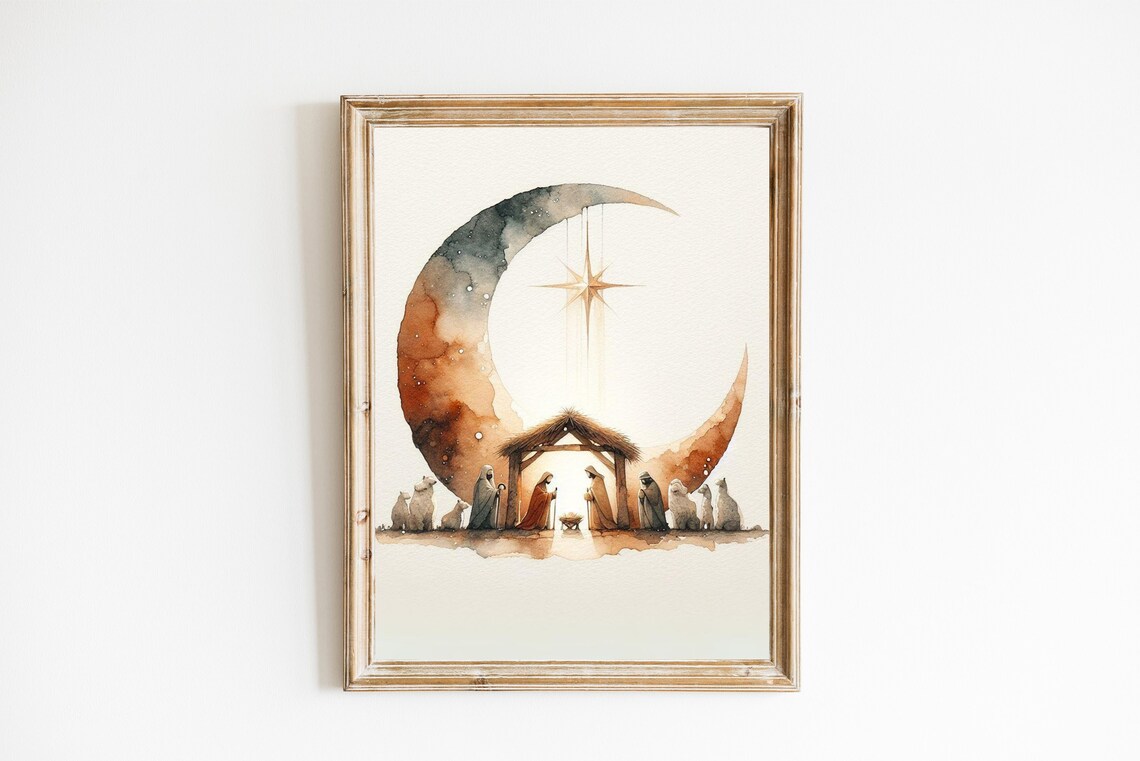 Watercolor Nativity Scene Crescent Moon Star Christmas Art Print - Image 3