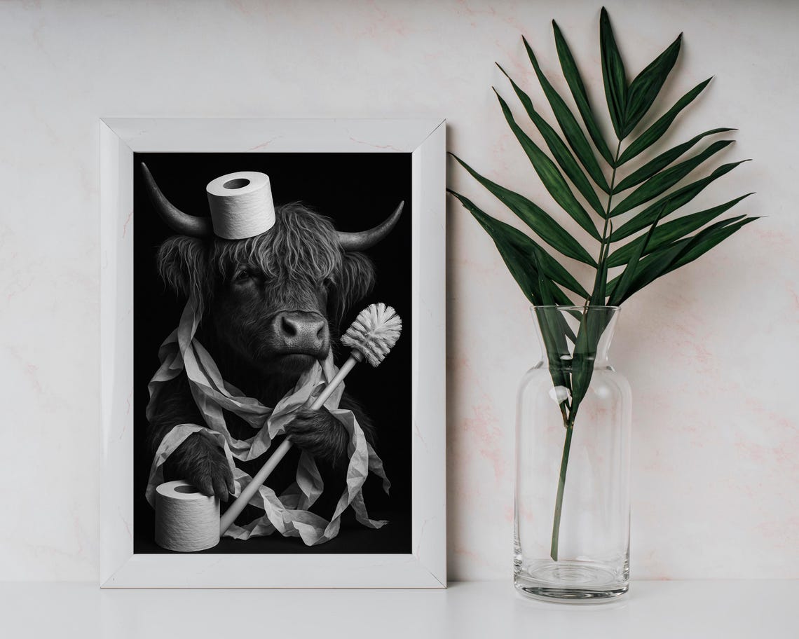 Funny Black and White Highland Cow with Toilet Paper Bathroom Poster