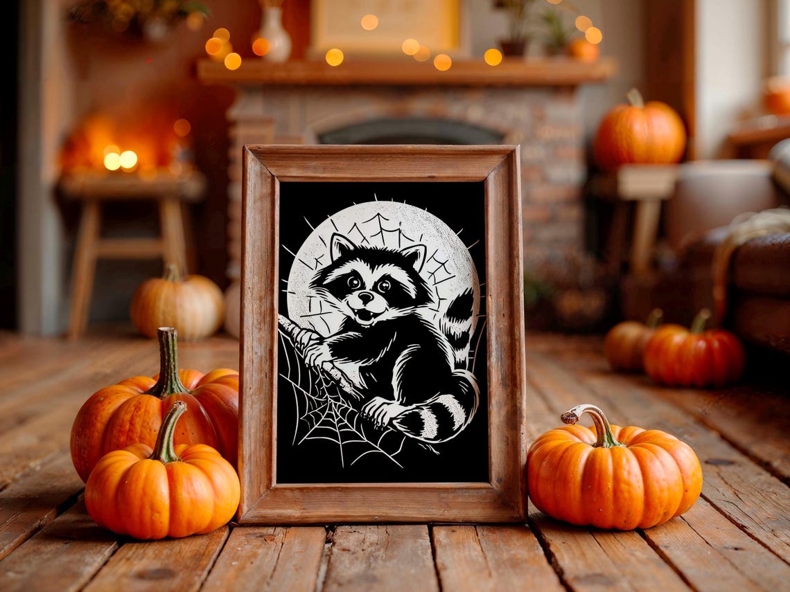 Cute Raccoon in Spiderweb Linocut Style Halloween Night Poster
