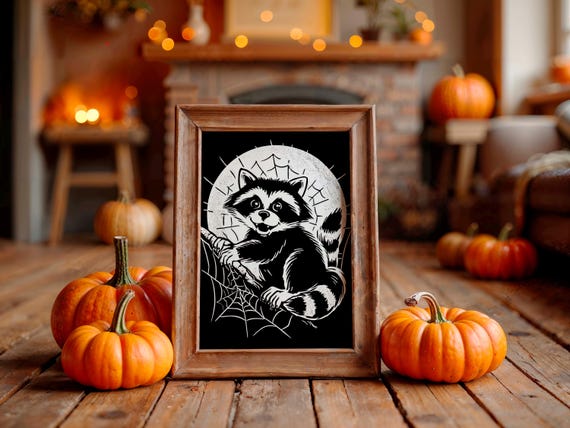 Cute Raccoon in Spiderweb Linocut Style Halloween Night Poster