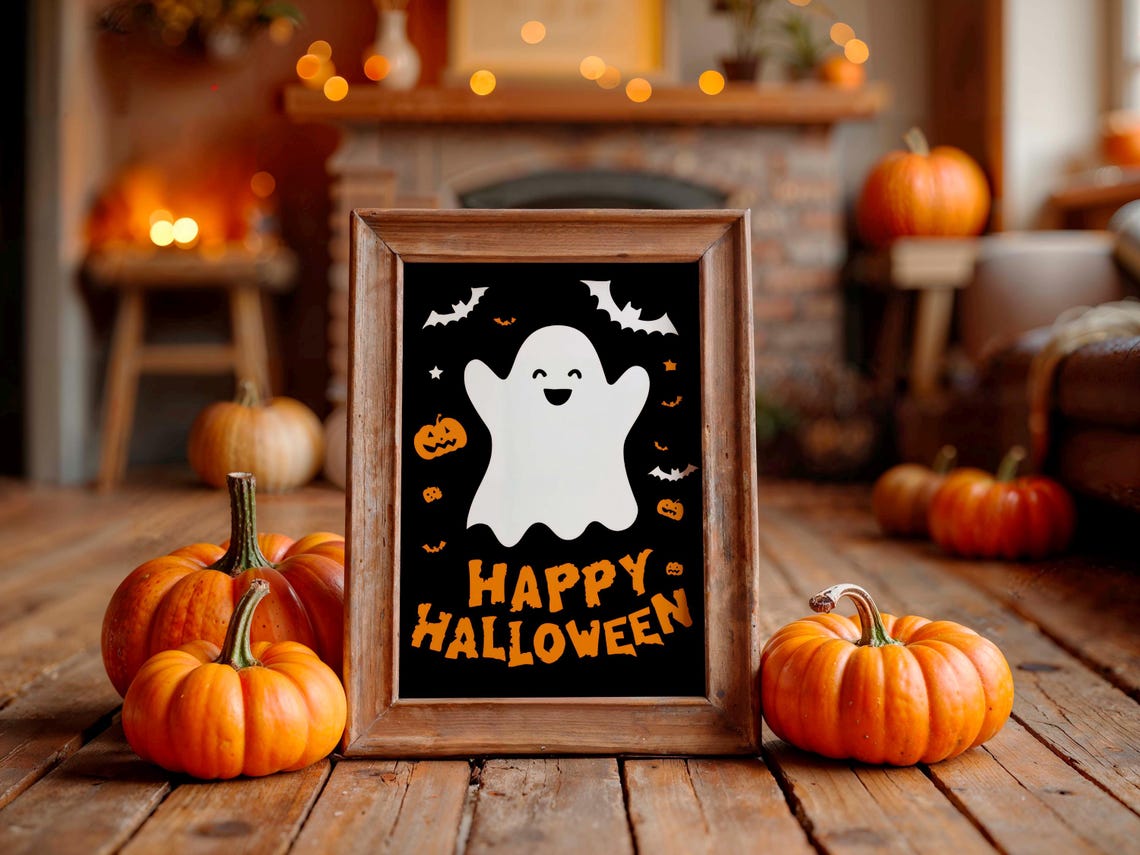 Happy Halloween Ghost Poster Cute Smiling Ghost Pumpkins and Bats