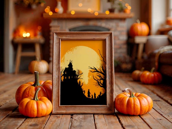 Haunted House Silhouette Halloween Poster With Giant Yellow Moon