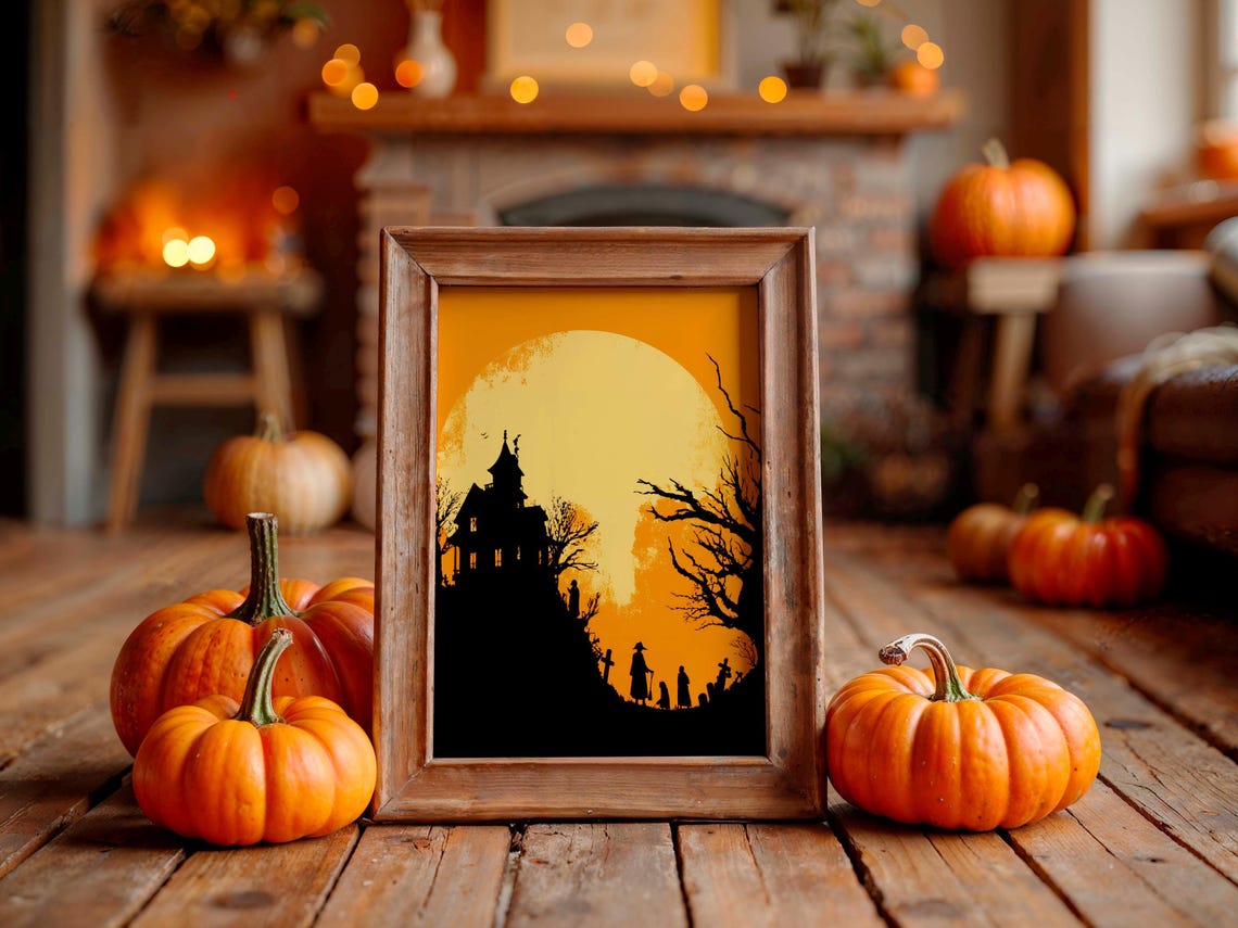 Haunted House Silhouette Halloween Poster With Giant Yellow Moon