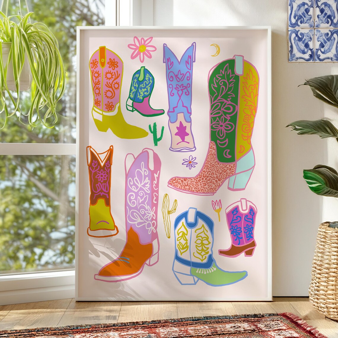 Colorful Cowboy Boots Floral Western Illustration Art Poster