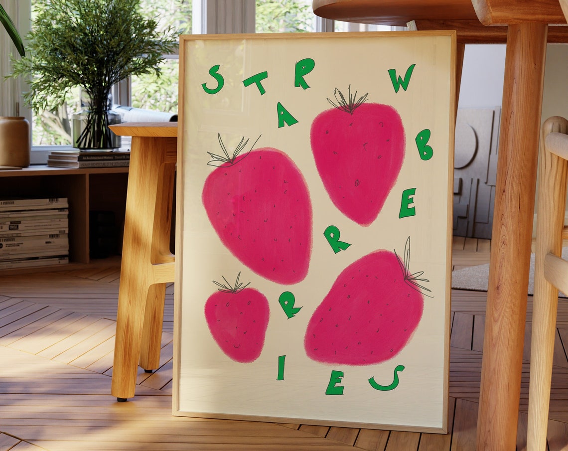 Playful Hand Drawn Strawberries Fruit Market Kitchen Decor Poster