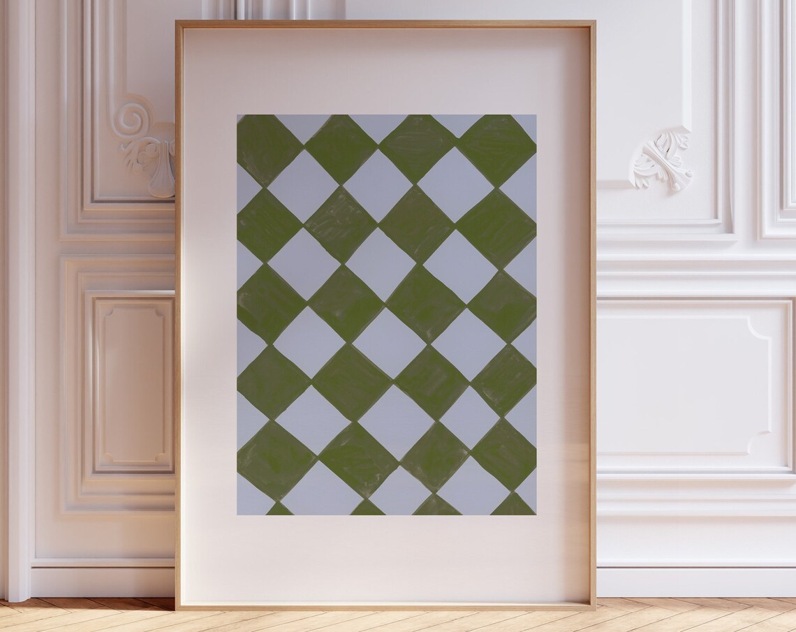 Green and Blue Retro Checkerboard Art Print, Nordic