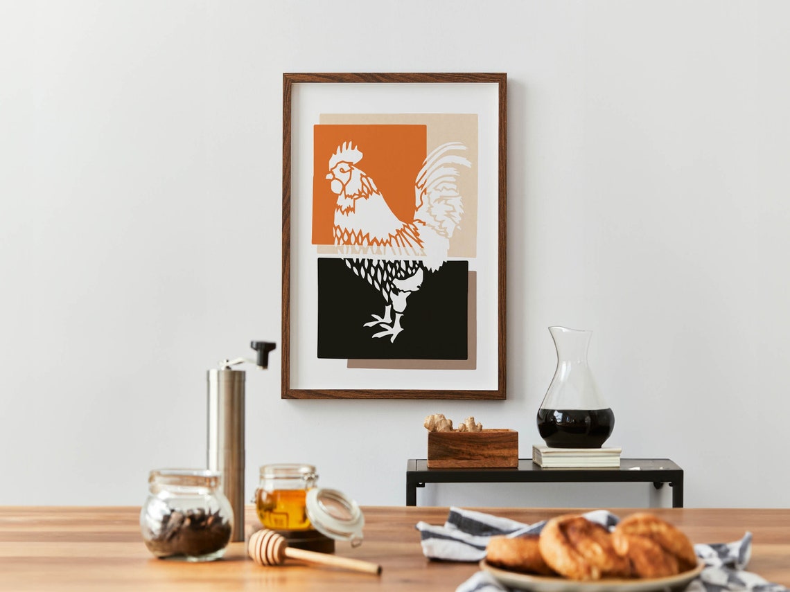 Rooster Mid Century Modern Abstract Orange Black Kitchen Art Poster