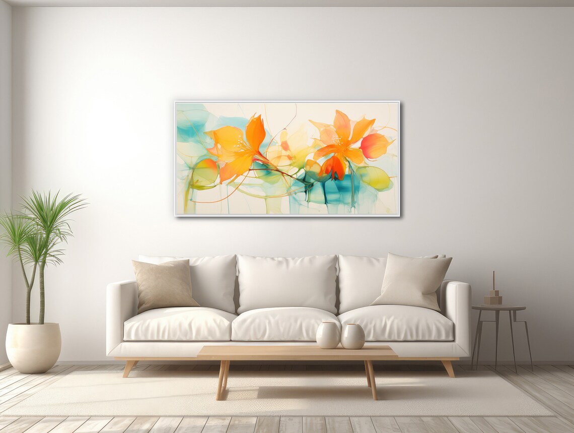 Panoramic Orange Teal Translucent Watercolor Flowers Art Print - Image 3