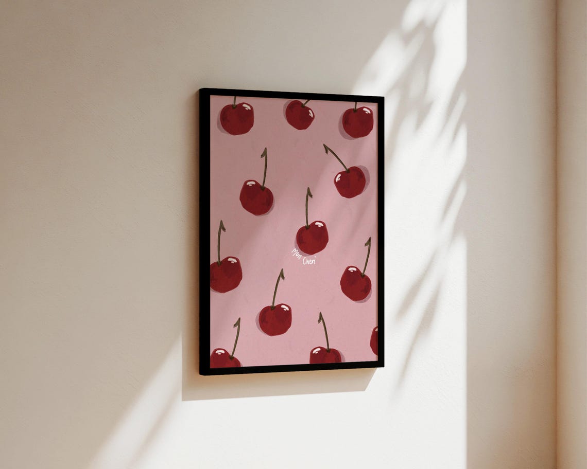 Pink Cherries Kitchen Art Print, French Mon Cheri - Image 3