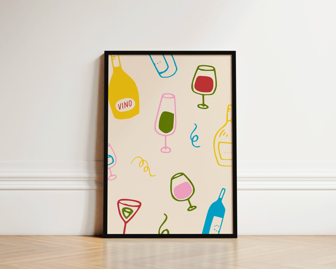 Multicolored Wine Kitchen Poster, Handdrawn Style