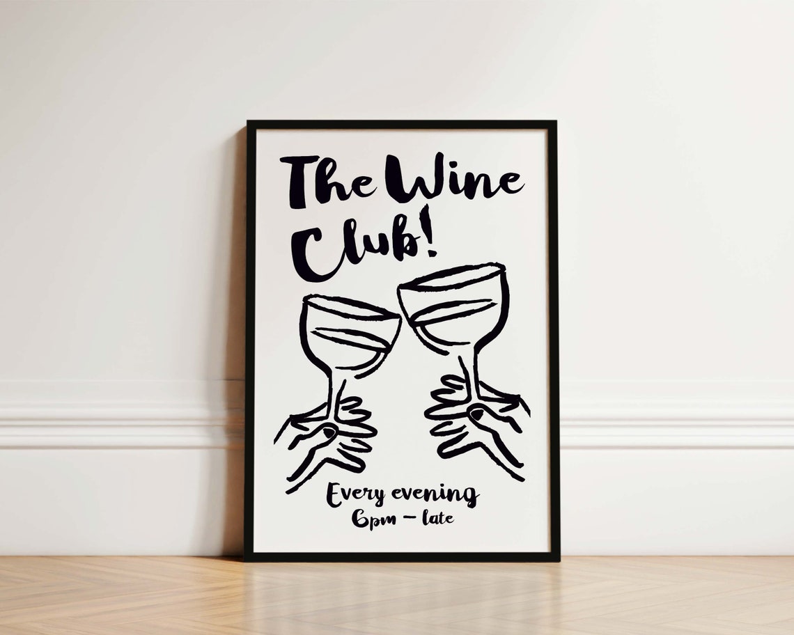 Wine Club Kitchen Poster, Hand-Drawn Wine Print