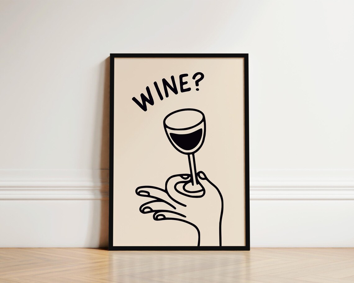 Wine Question Mark Minimal Line Art Kitchen Quote Funny Poster