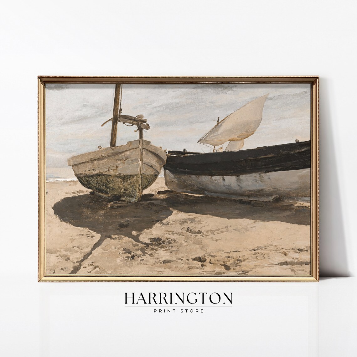 Vintage Wooden Fishing Boats Beached Sand Muted Coastal Art Print