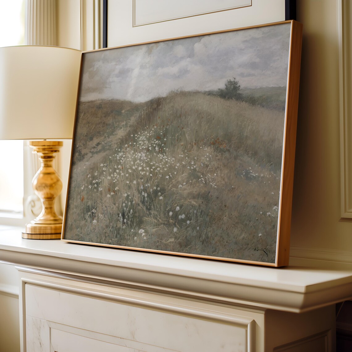 Moody Wildflower Meadow Daisies Muted Vintage Landscape Oil Poster - Image 2