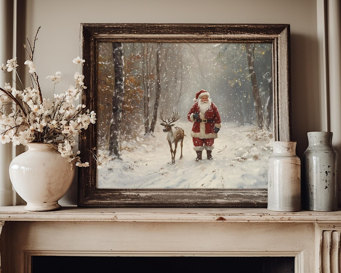 Santa Claus and Reindeer Snowy Forest Walk Vintage Christmas Poster - Image 4