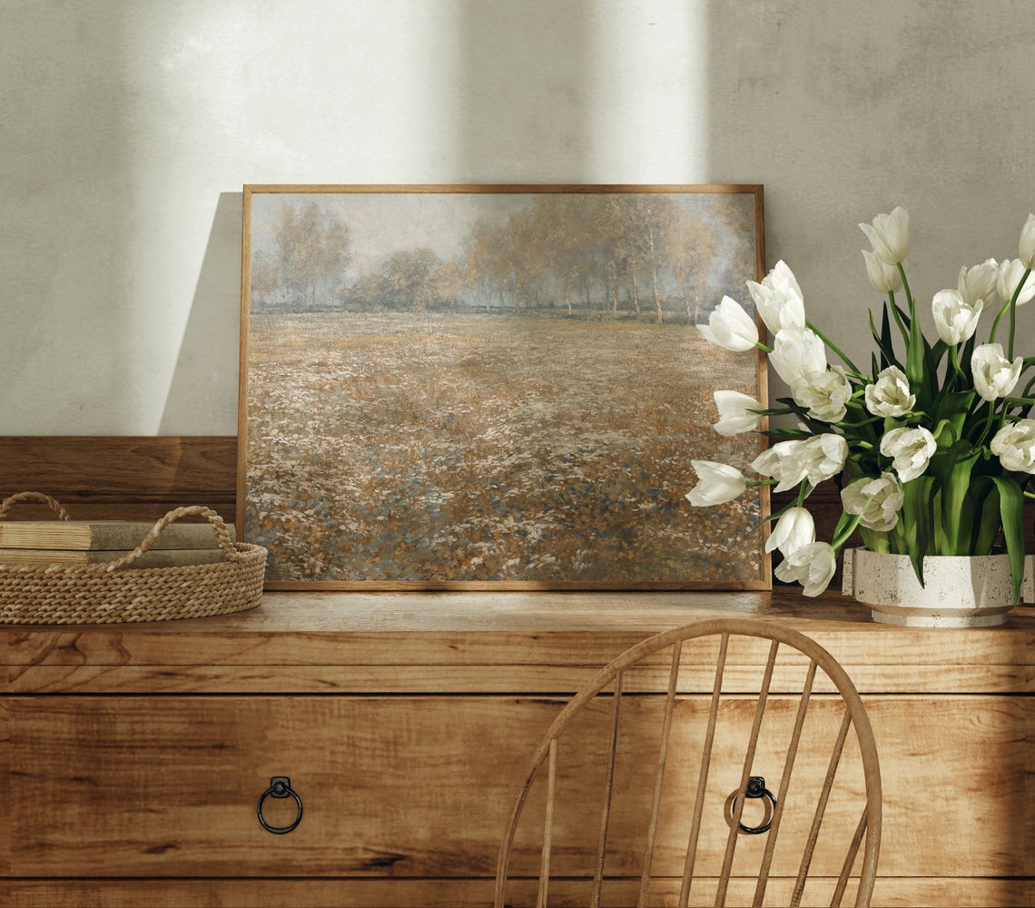 Spring Wildflower Meadow Birch Trees Misty Golden Vintage Art Print - Image 2
