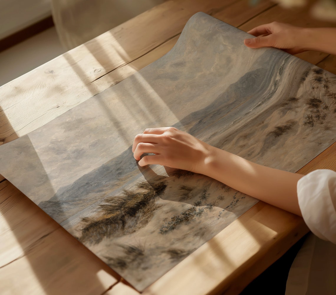 Sandy Dunes Beach Grass Hazy Mountains Neutral Vintage Art Print - Image 3