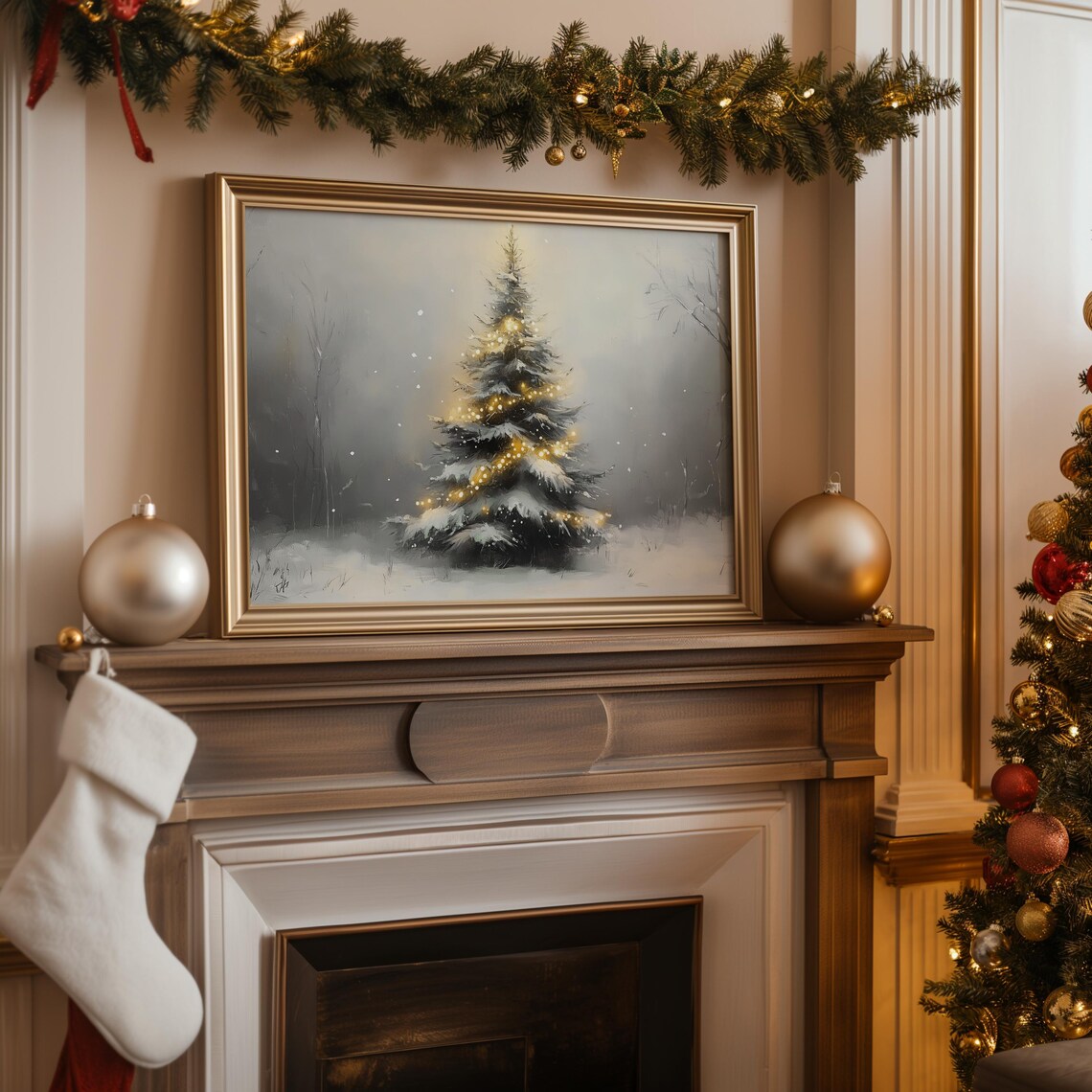 Christmas Tree Winter Landscape Oil-Painting-Style Art Print - Image 5