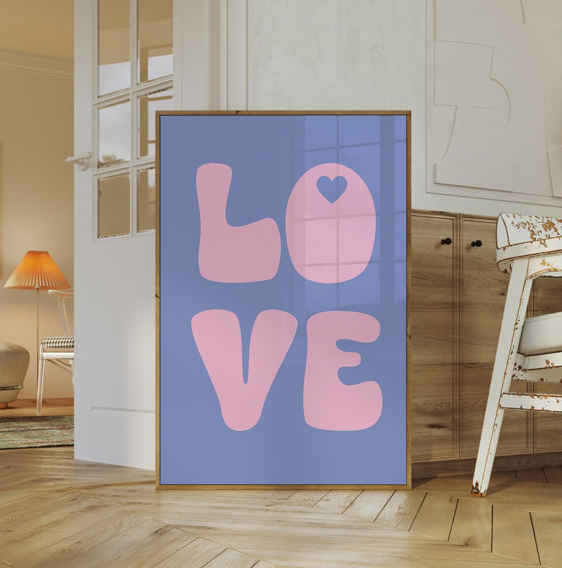 Pink LOVE Retro Bubble Typography Poster on Lavender Purple Background - Image 4